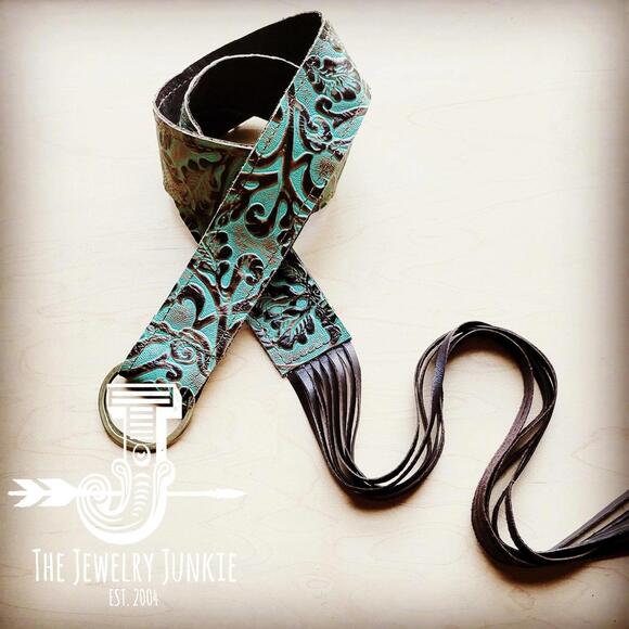 Turquoise Cowboy Leather Belt with Leather Fringe